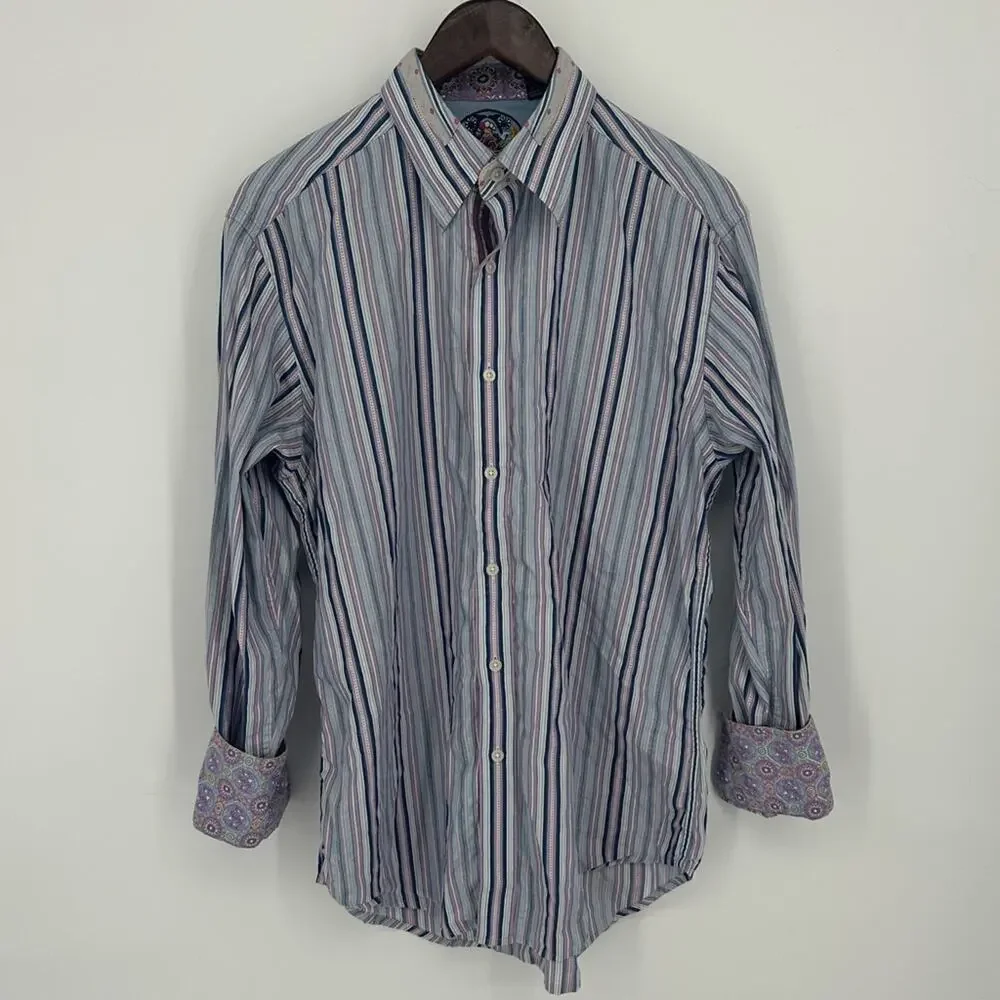 Robert Graham Men’s Striped Dress Shirt Flip Cuff Colorful Size Medium Party